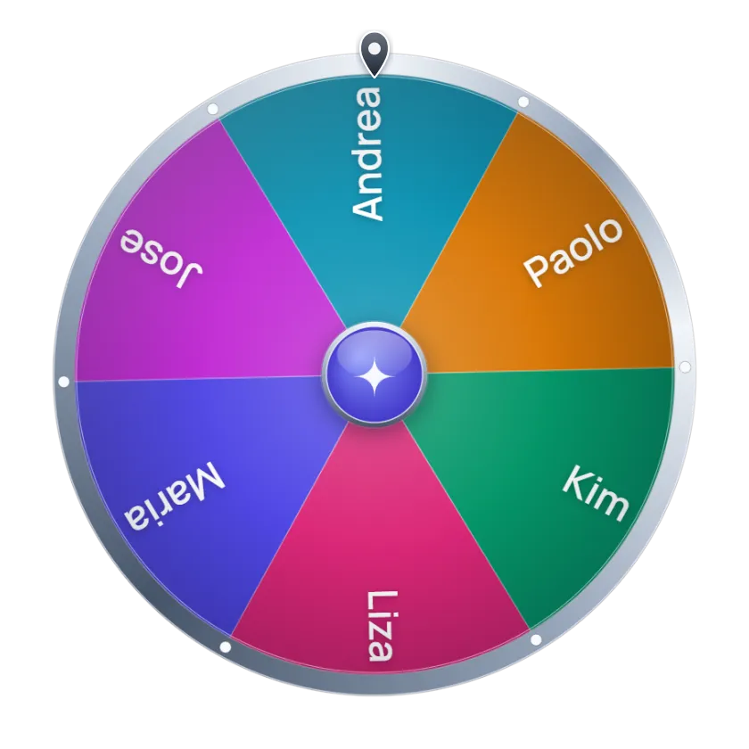 ShuffleWheel spinner wheel with six names after a spin. The pointer stopped on Andrea.